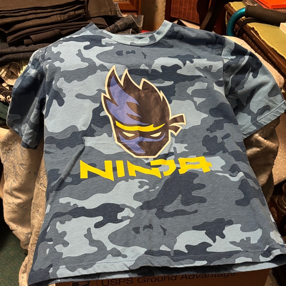 Ninja Blue Camouflage Graphic Tee with Yellow Logo